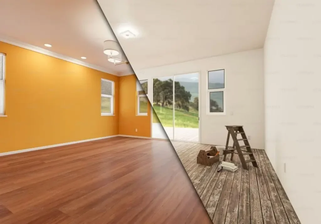 Travaux de rénovation complète d'un salon avec sols, plafonds et murs